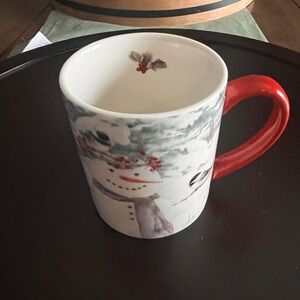 Lang Chickadee Snowman Mug 2012 Holiday Winter Ceramic Red Handle